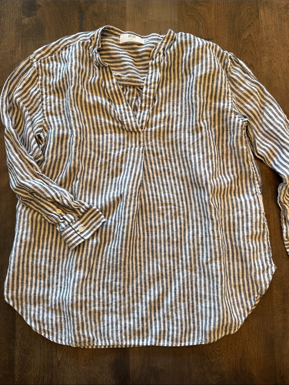 UNIQLO Premium Linen Skipper Collar Blouse Stripe Tunic Top XS Coastal Grandma